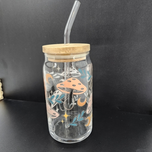 Earthy Mushroom Etched Glass With Wood Lid Glass Straw Funky Goblincore - Picture 2 of 6